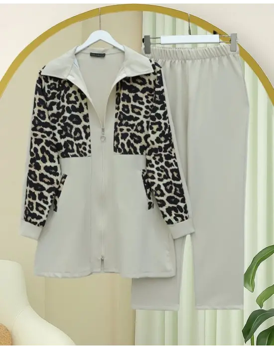 Gömlek Yaka Boydan Fermuarlı Pantolonlu Takım   -Bej