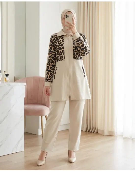 Gömlek Yaka Boydan Fermuarlı Pantolonlu Takım   -Bej