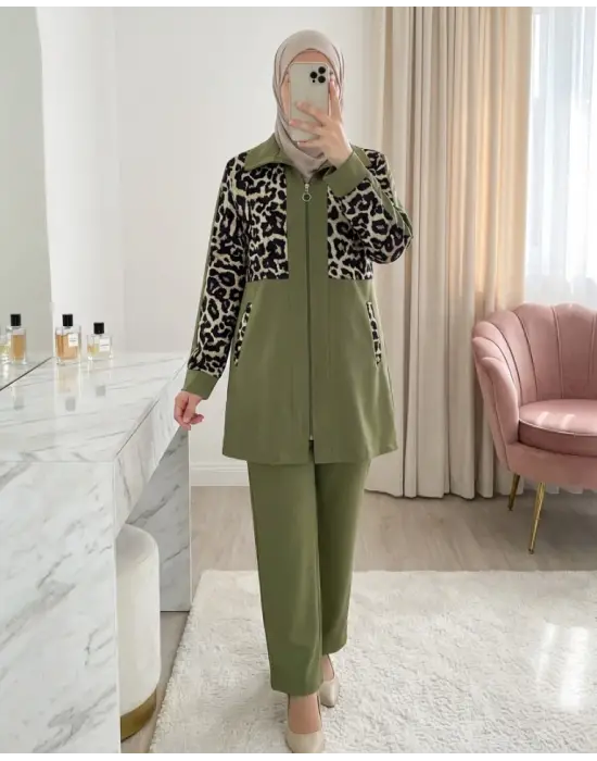 Gömlek Yaka Boydan Fermuarlı Pantolonlu Takım   -Haki