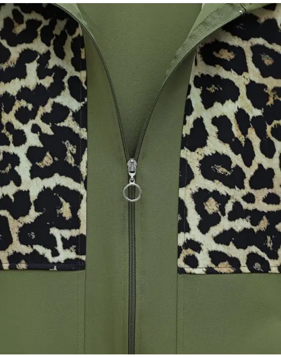 Gömlek Yaka Boydan Fermuarlı Pantolonlu Takım   -Haki