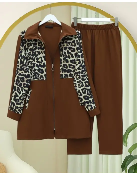 Gömlek Yaka Boydan Fermuarlı Pantolonlu Takım   -Taba