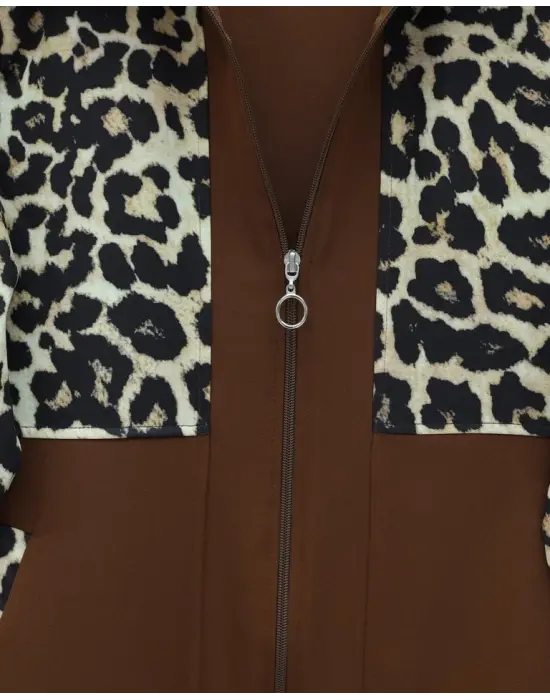 Gömlek Yaka Boydan Fermuarlı Pantolonlu Takım   -Taba