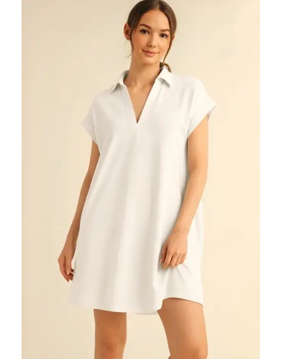 Gömlek Yaka Cepli Süprem Penye Elbise -Beyaz