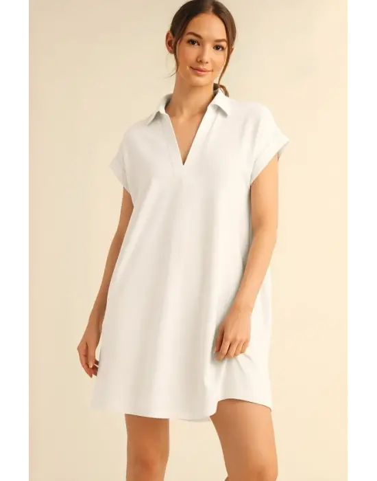 Gömlek Yaka Cepli Süprem Penye Elbise -Beyaz