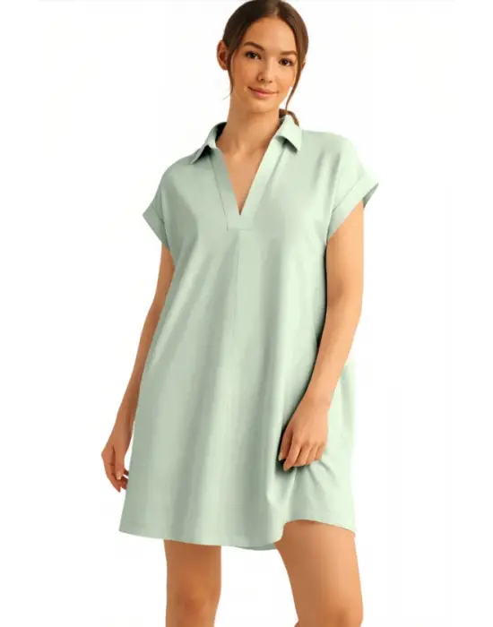 Gömlek Yaka Cepli Süprem Penye Elbise -Çağla Y.