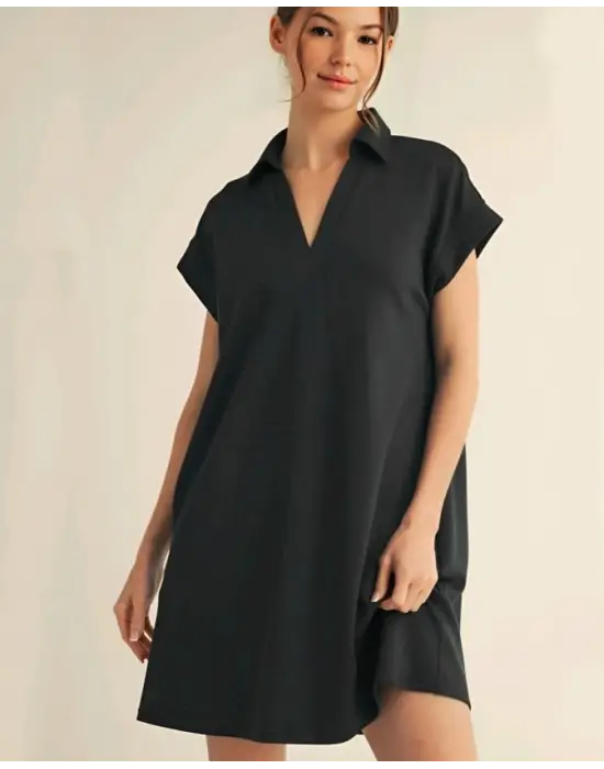 Gömlek Yaka Cepli Süprem Penye Elbise -Siyah
