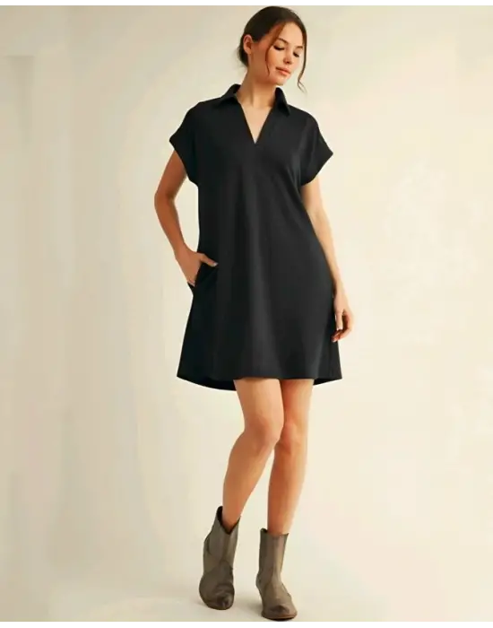 Gömlek Yaka Cepli Süprem Penye Elbise -Siyah