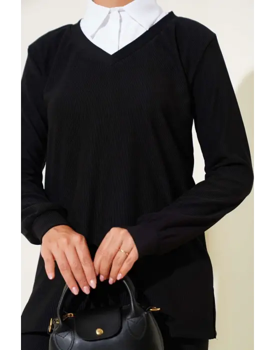 Gömlek Yaka Fitilli Salaş İkili Takım siyah T4300