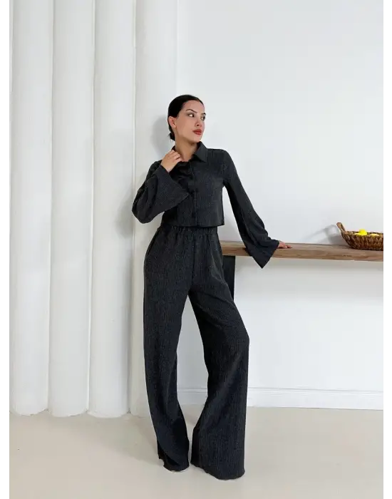 Gömlek yaka kaplama düğmeli takım antrasit st265866