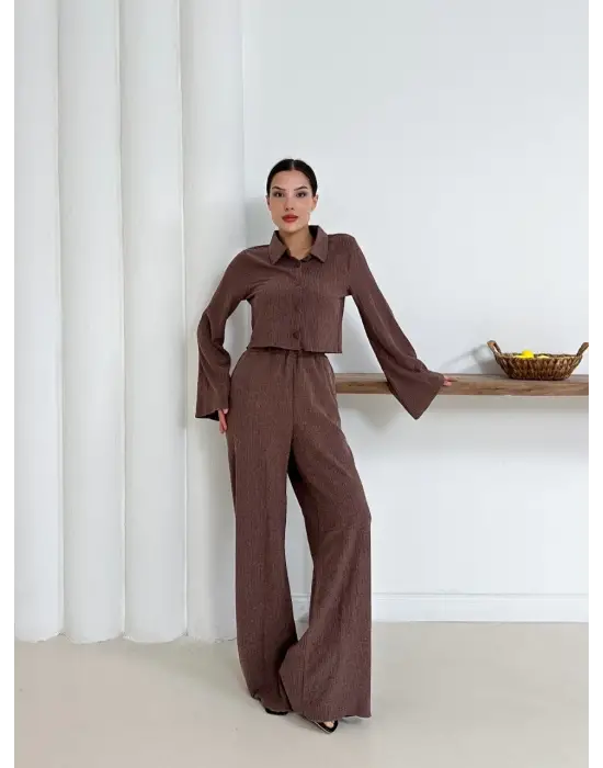 Gömlek yaka kaplama düğmeli takım kahve st265866