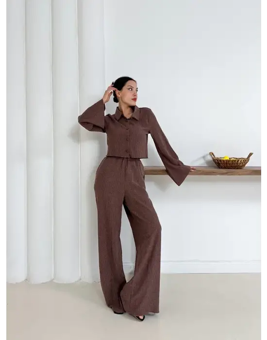 Gömlek yaka kaplama düğmeli takım kahve st265866