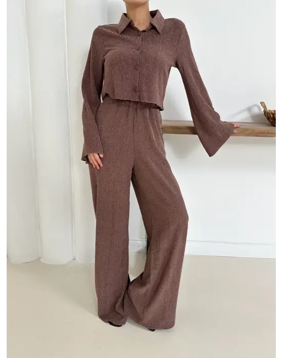 Gömlek yaka kaplama düğmeli takım kahve st265866