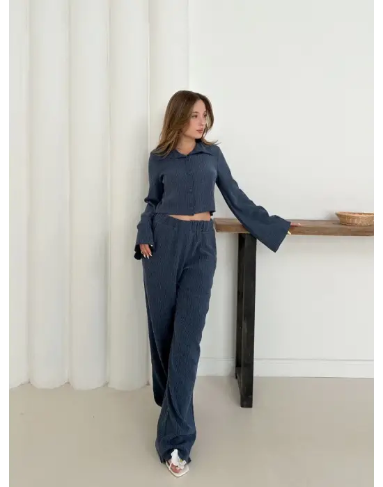 Gömlek yaka kaplama düğmeli takım lacivert st265866