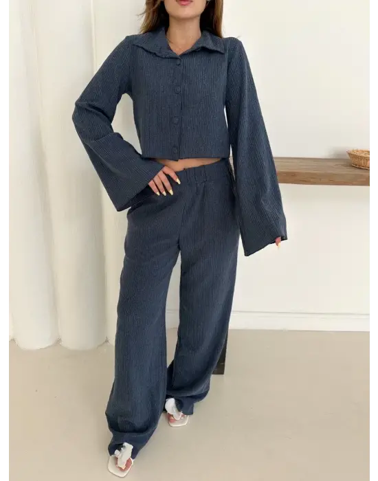 Gömlek yaka kaplama düğmeli takım lacivert st265866