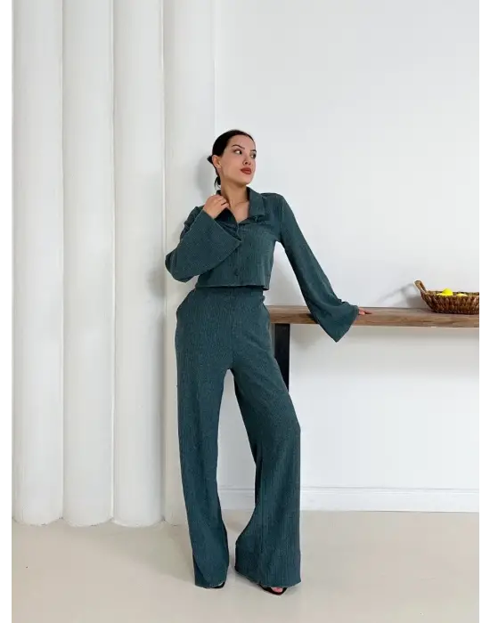 Gömlek yaka kaplama düğmeli takım petrol yeşili st265866