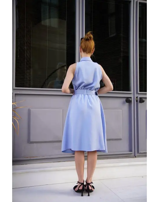 Gömlek yaka kemerli elbise mavi s255061