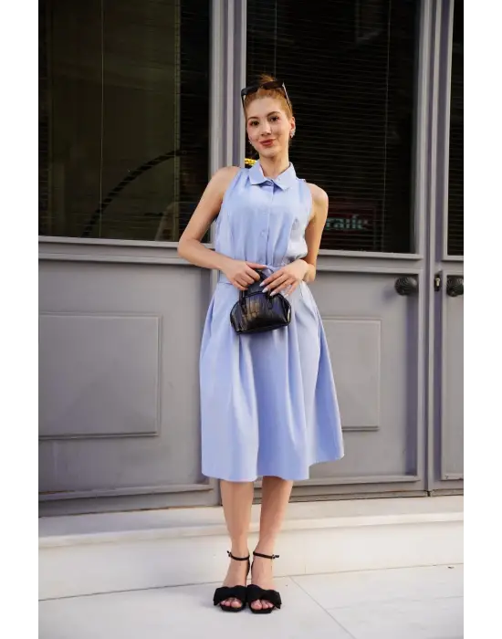 Gömlek yaka kemerli elbise mavi s255061