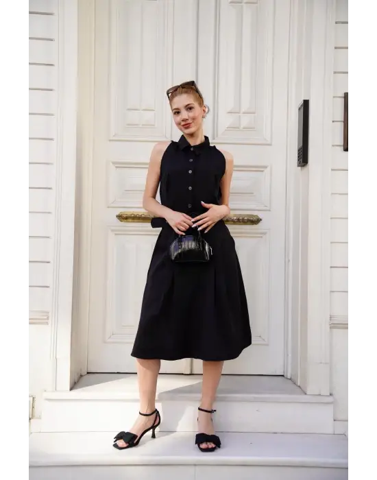 Gömlek yaka kemerli elbise siyah s255061