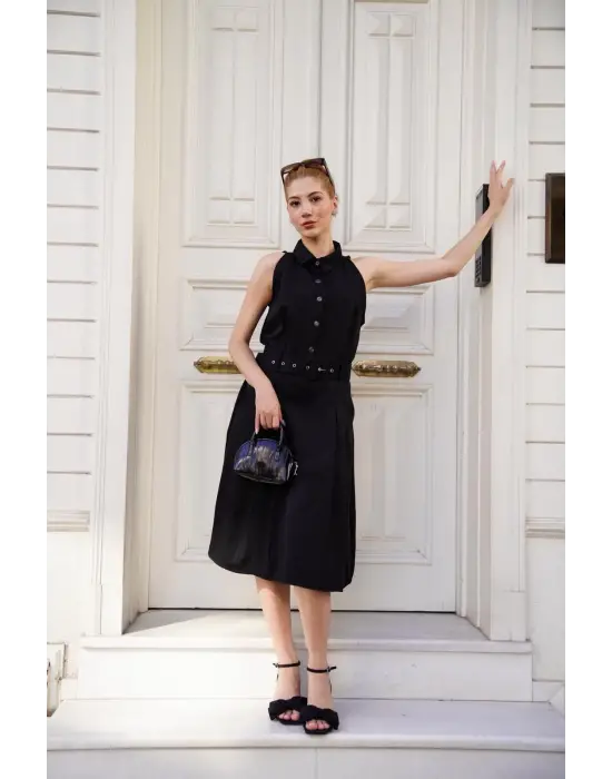 Omarı Şık Siyah Kemer Detaylı Elbise