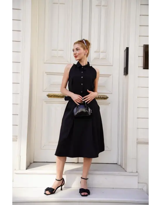 Gömlek yaka kemerli elbise siyah s255061