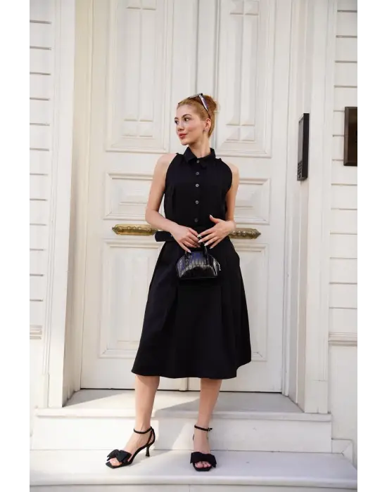 Omarı Şık Siyah Kemer Detaylı Elbise