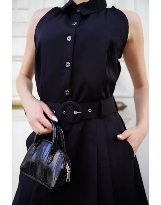 Omarı Şık Siyah Kemer Detaylı Elbise