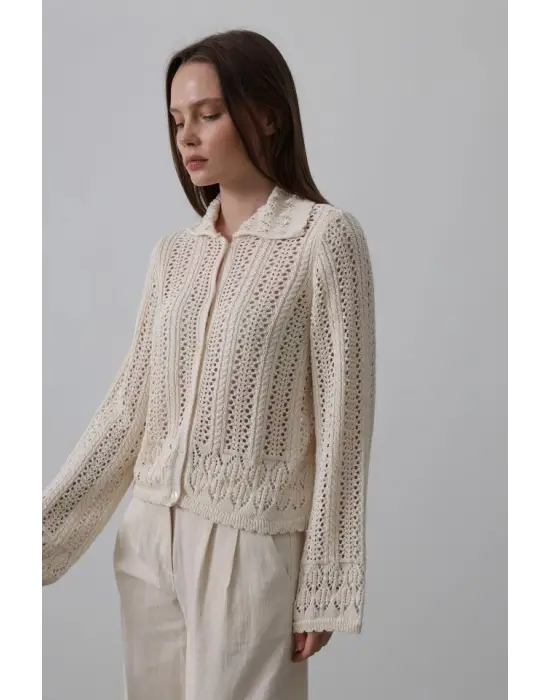 Gömlek Yaka Uzun Kol Triko - Ekru