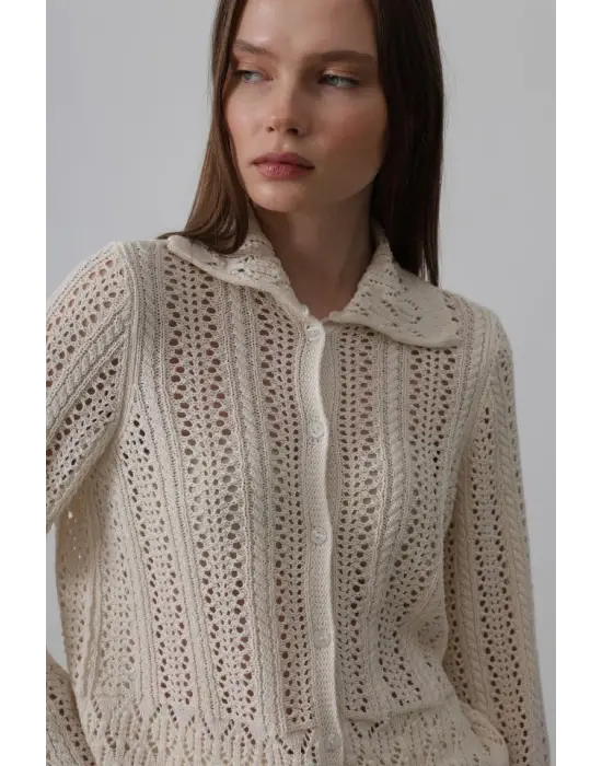 Gömlek Yaka Uzun Kol Triko - Ekru