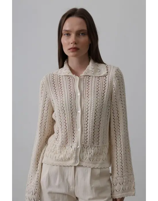 Gömlek Yaka Uzun Kol Triko - Ekru