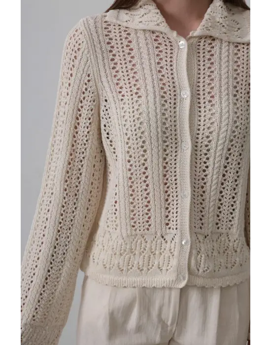 Gömlek Yaka Uzun Kol Triko - Ekru