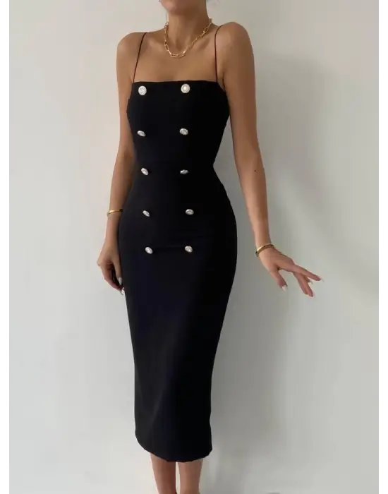 Omarı Uzun Kollu Siyah Elbise