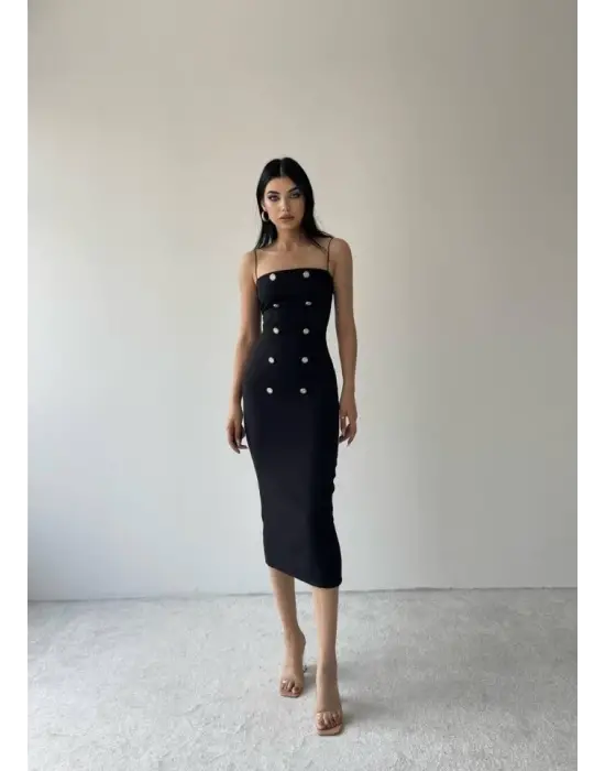 Omarı Uzun Kollu Siyah Elbise