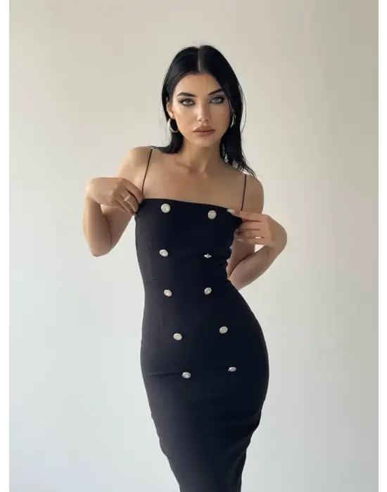 Omarı Uzun Kollu Siyah Elbise