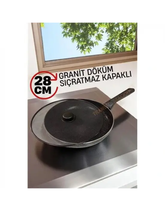Granit Döküm Tava Yağ Sıçratmaz Kapaklı -Yapışmaz Taban 28 Cm