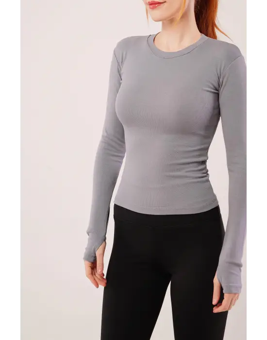 Omarı Gri Renk Uzun Kollu Bluz