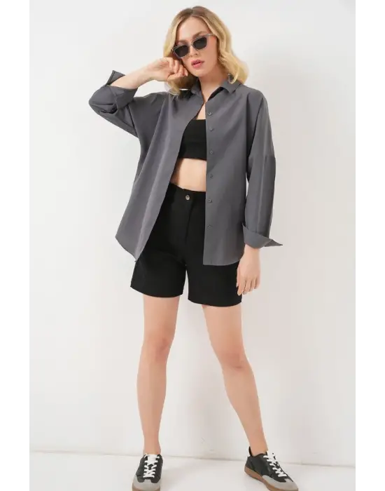 Gri Düz Oversize Uzun Basic Gömlek 3900