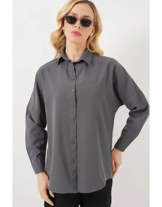 Gri Düz Oversize Uzun Basic Gömlek 3900