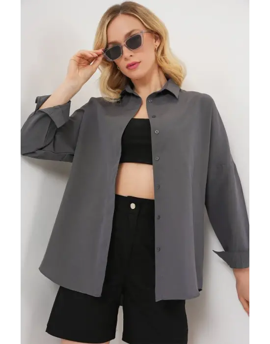 Gri Düz Oversize Uzun Basic Gömlek 3900