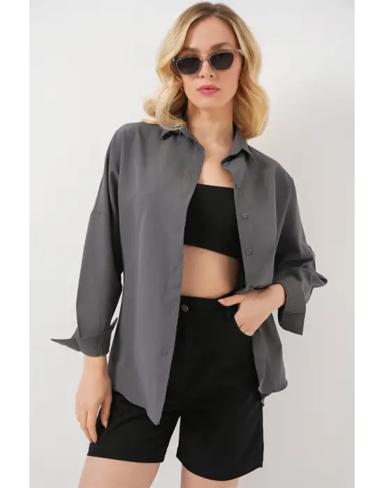 Gri Düz Oversize Uzun Basic Gömlek 3900