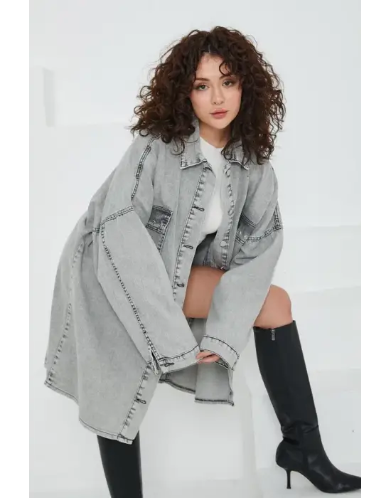 Omarı Gri Kuş Gözü Detaylı Kadın Kot Ceket