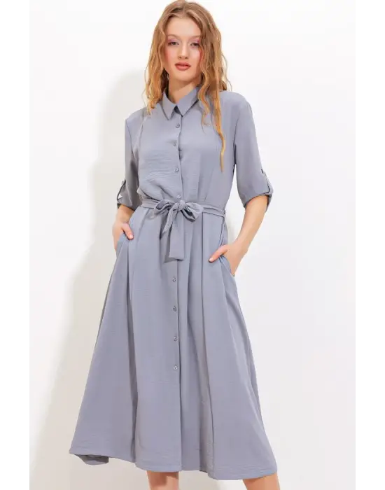 Gri Kuşaklı Gömlek Elbise 2442