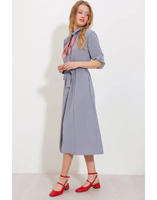 Gri Kuşaklı Gömlek Elbise 2442