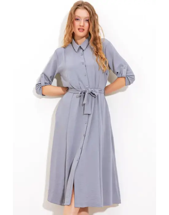 Gri Kuşaklı Gömlek Elbise 2442