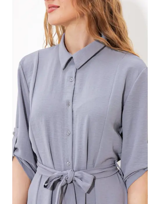 Gri Kuşaklı Gömlek Elbise 2442