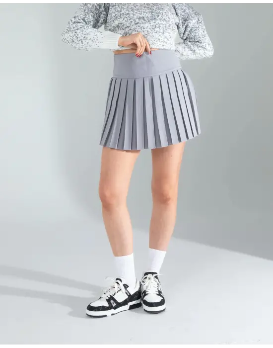 Omarı Elegan Gri Pilseli Etek