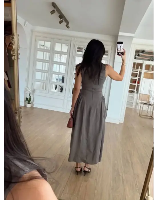 Omarı Şık Gri Kabardin Uzun Elbise