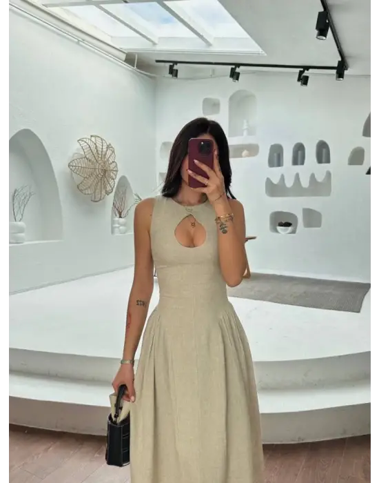 Omarı Şık Gri Kabardin Uzun Elbise