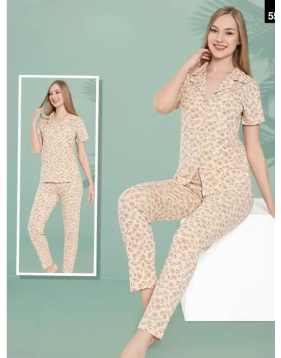 Omarı Rahatlık ve Şıklıkta Gül Desenli Düğmeli Pijama Takımı