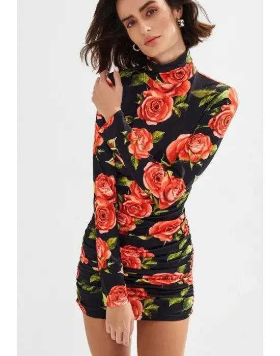 Omarı Gül Desenli Kadın Balıkçı Yaka Mini Elbise