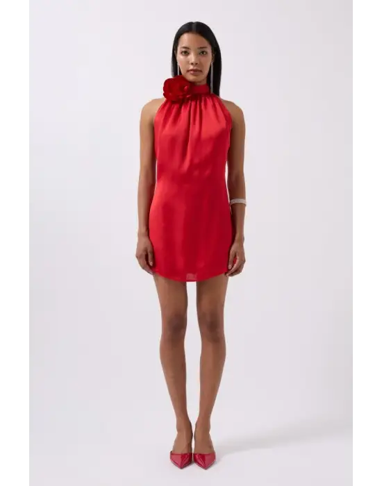 Gül Detay Mini Saten Elbise